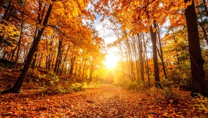 Obraz premium Autumn forest pathway bathed in golden sunlight