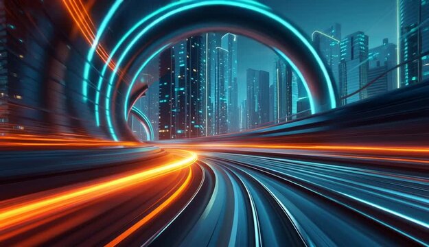 Futuristic high-speed train in mega city at night. Concept of next generation tech with fast network, machine learning. Modern transit system in motion