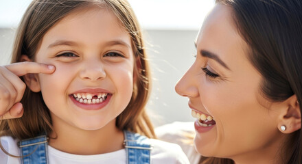 Happy Girl Showing Missing Front Tooth with Her Mother