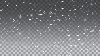 Falling realistic snowflakes on a transparent background for winter decor. Frost storm effect. Vector illustration.