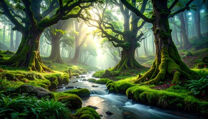 Lush forest stream sunrise