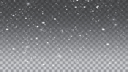 Falling realistic snowflakes on a transparent background for winter decor. Frost storm effect. 