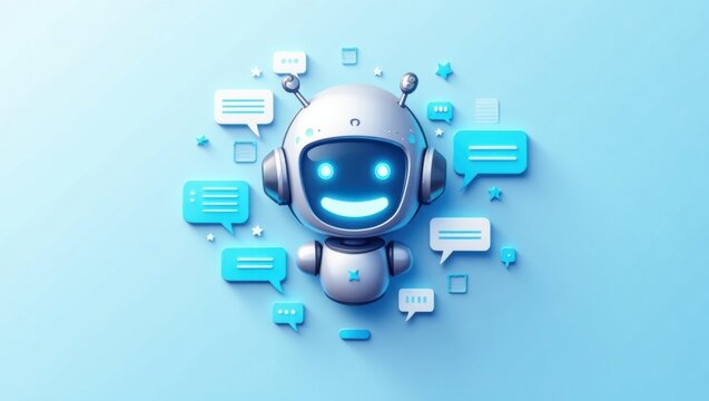 Asistente de chat IA y burbujas de di&aacute;logo aisladas sobre fondo azul claro