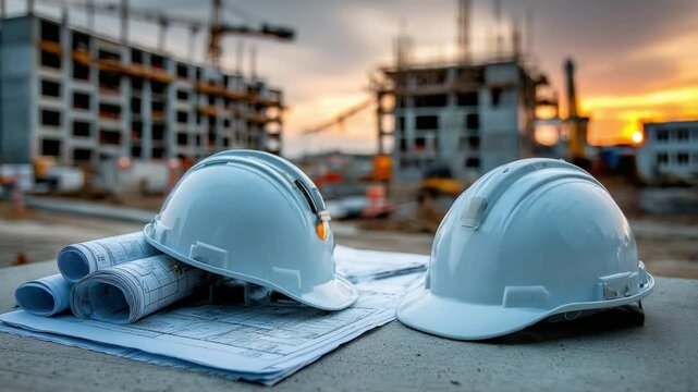Blueprint of Progress: An arresting image showcasing the foundational elements of construction, a tableau of blueprints and safety helmets set against a backdrop of a bustling construction site.