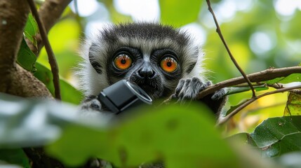 Obraz premium Baby lemur in tree, curious eyes