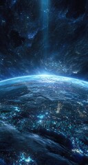 Earth seen from space, vibrant blue, with city lights prominent, and a bright light source above