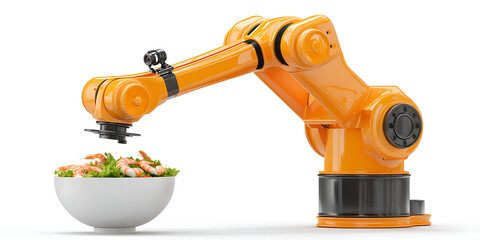 cooking robot arm, orange color, bowl of shrimp salad, isolated against a white background. Waiter robots that deliver food and drinks to customers.