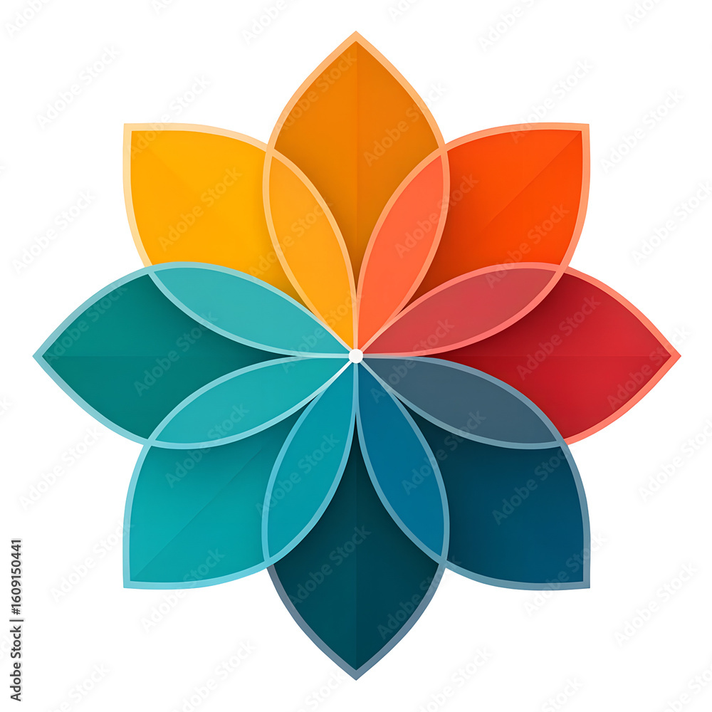 Poster abstract geometric flower shape with overlapping petals in vibrant colors isolated on transparent ba
