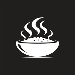Minimalist white icon depicting a steaming bowl of food, suggesting a hot meal or soup, on a black backdrop