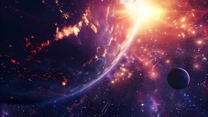 Planets gather in the solar system amidst glowing stars in a vibrant cosmic atmosphere