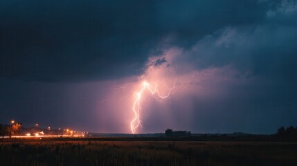 Intense lightning strikes across an open field during a dramatic stormy evening