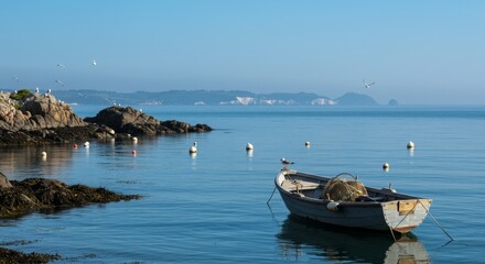 Fototapeta premium Tranquil seascape featuring a weathered boat at anchor with coastal cliffs in the distance.
