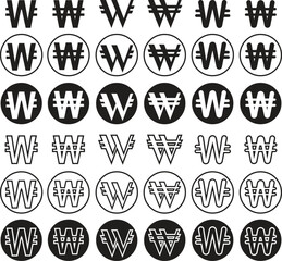 Won currency symbol icons set in flat and line vector styles. South Korean currency collection, financial group, money symbol set, won sign, payment, bank, finance, exchange, and economy icons.