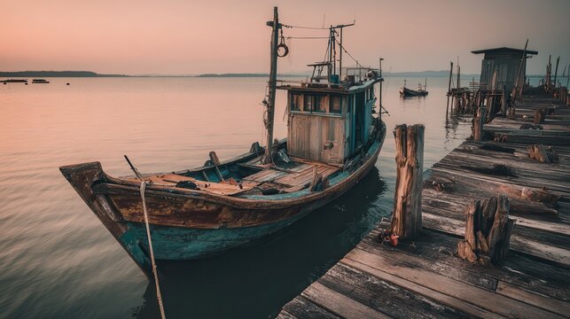 Old fishing boat docked on weathered wooden pier during sunset on tranquil waters in coastal town