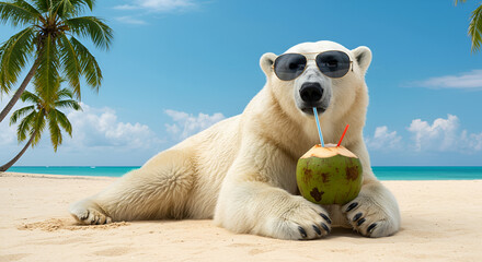 A polar bear wearing sunglasses and flip-flops, relaxing on a beach with a coconut drink.