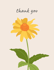 Template of a thank-you flower card. Summer flower with yellow petals and green leaves. Vertical botanical card. Minimalistic floral poster design. Flat vector illustration.
