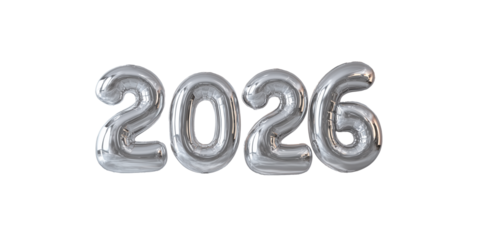 banner metal ball in the shape of the number 2026 isolated on transparent background	
