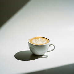 Minimalist studio photograph of a cup of coffee with latte art, isolated on a bright white background with copy space