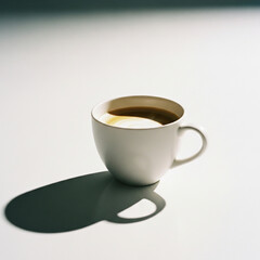 Minimalist studio photograph of a cup of coffee with latte art, isolated on a bright white background with copy space