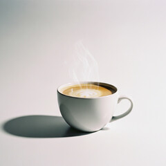 Minimalist studio photograph of a cup of coffee with latte art, isolated on a bright white background with copy space