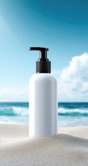 White plastic pump bottle sits on beach sand, ocean background