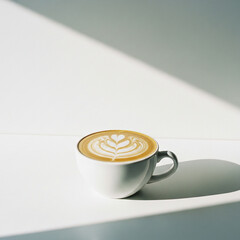 Minimalist studio photograph of a cup of coffee with latte art, isolated on a bright white background with copy space
