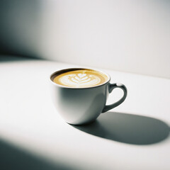Minimalist studio photograph of a cup of coffee with latte art, isolated on a bright white background with copy space