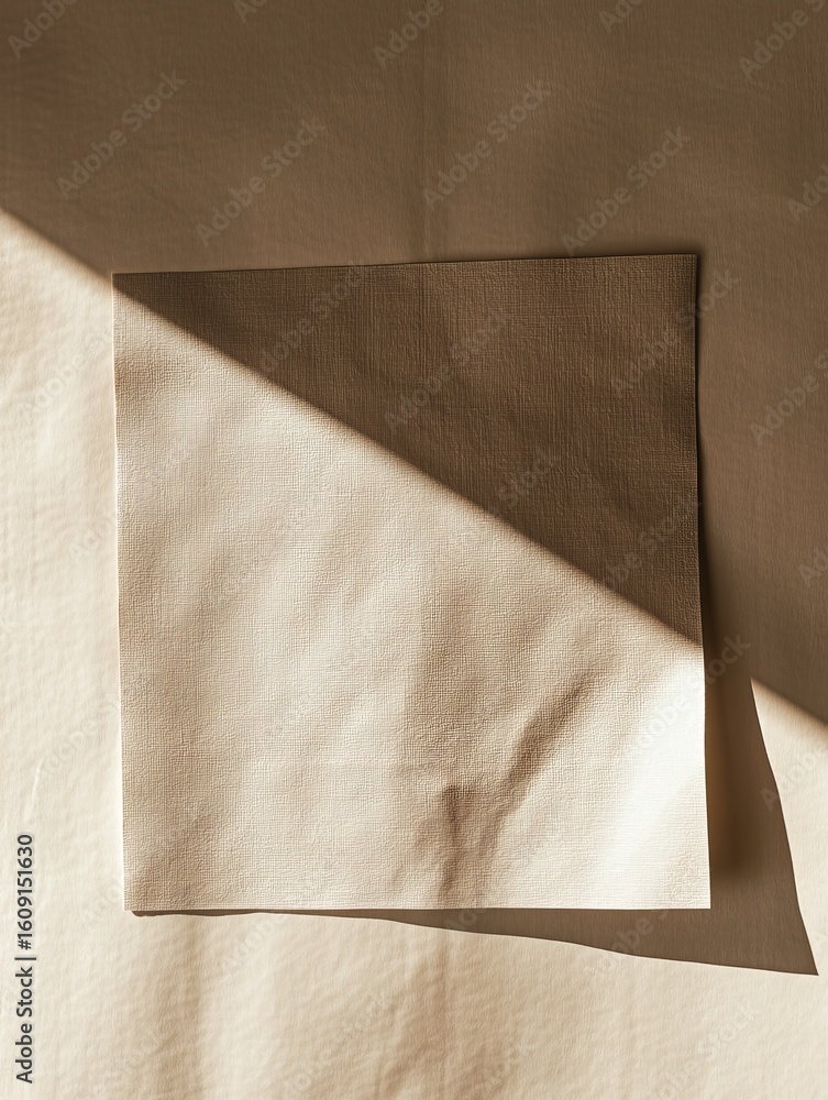 Poster warm beige paper with subtle woven texture bathed in diagonal sunlight and shadows, offering a seren