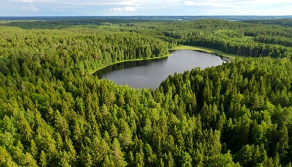 Lush forest surrounds tranquil lake