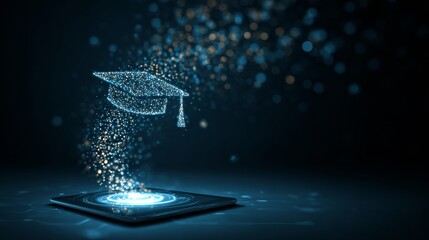 Holographic graduation cap rising from a digital tablet