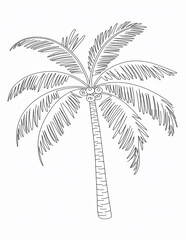 A simple black and white drawing of a tall palm tree, evoking a sense of tropical paradise and summer vacation, isolated on white background