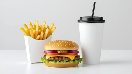A classic fast food meal with a cheeseburger, french fries, and a drink in blank packaging. This mockup is isolated on a white background, ideal for restaurant advertising and menu des