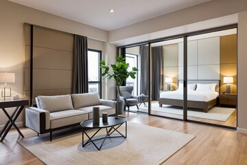 Modern living room and bedroom combination with mirrored dividers.