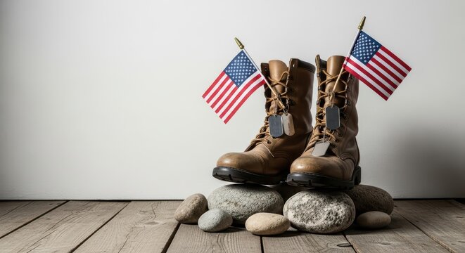 Memorial Day Boots with American Flags & Dog Tags on Wood Floor Background