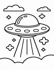 A black and white line drawing of a ufo emitting beams of light surrounded by clouds and stars, isolated on white background