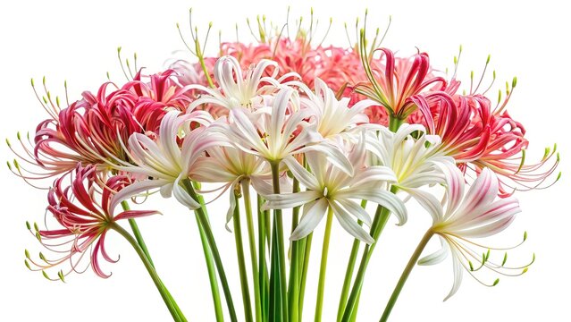 Elegant Cluster of Spider Lilies in Red and White Against a White Background