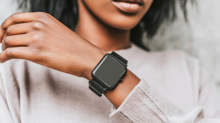 Stylish African American woman showcases modern black smartwatch in natural light