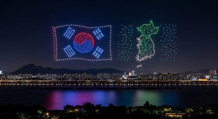 Hundreds of illuminated drones form the South Korean flag and Korean peninsula map over a city skyline.