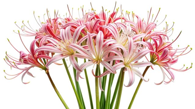 Elegant Cluster of Pink Striped Surprise Lily Flowers on a White Background