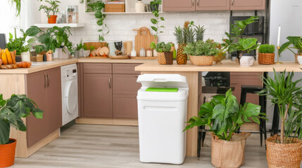 Compact compost container enhances modern kitchen with eco-friendly design and cozy atmosphere