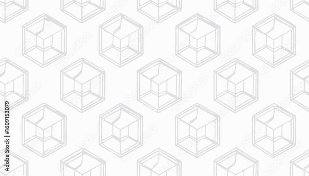 Poster seamless pattern of hand-drawn cubes in a repeating geometric design on white background