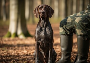 Obedient german shorthaired pointer hunting dog sitting next to its hunter owner in a forest