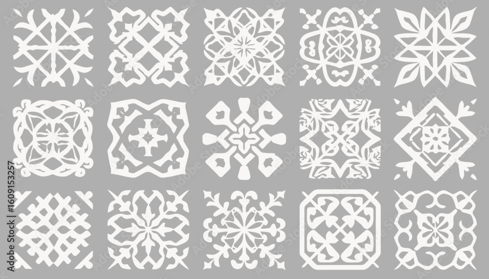 Aufkleber a collection of decorative tile designs in a square format, with intricate patterns.