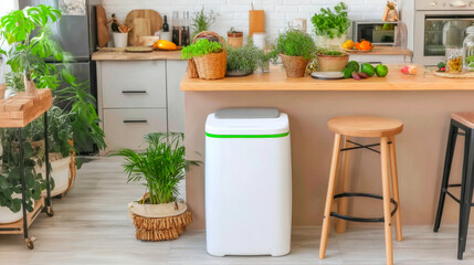 Modern compost container enhances stylish apartment kitchen with minimalist design