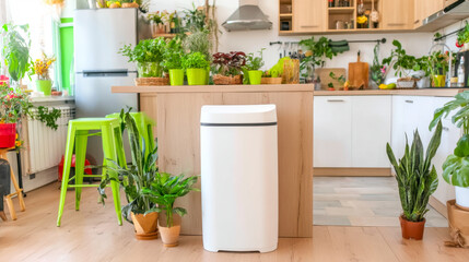 Modern compost container enhances eco-friendly kitchen in a sleek apartment setting