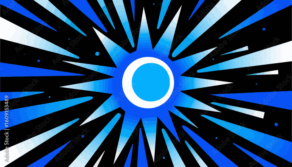 Poster abstract blue burst design with a central circle and radiating lines on a black background