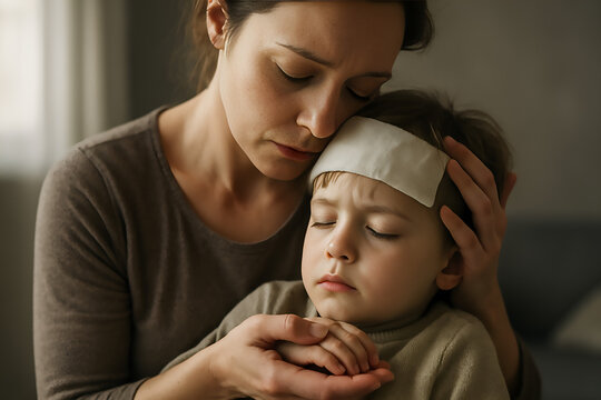 Mother and sick child with fever compress