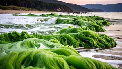 Lush green algae on a beach shore