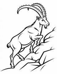 An ibex with large horns is climbing a rocky cliffside, isolated on white background