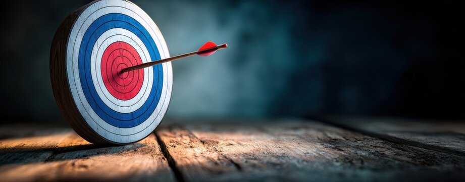 The striking target with an arrow embedded in its bullseye on rustic wood.